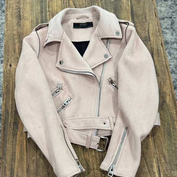 Womenβs Zara Basic Light Pink Faux Blush Faux Suede Zip Up Moto Jacked Size M - Picture 11 of 16